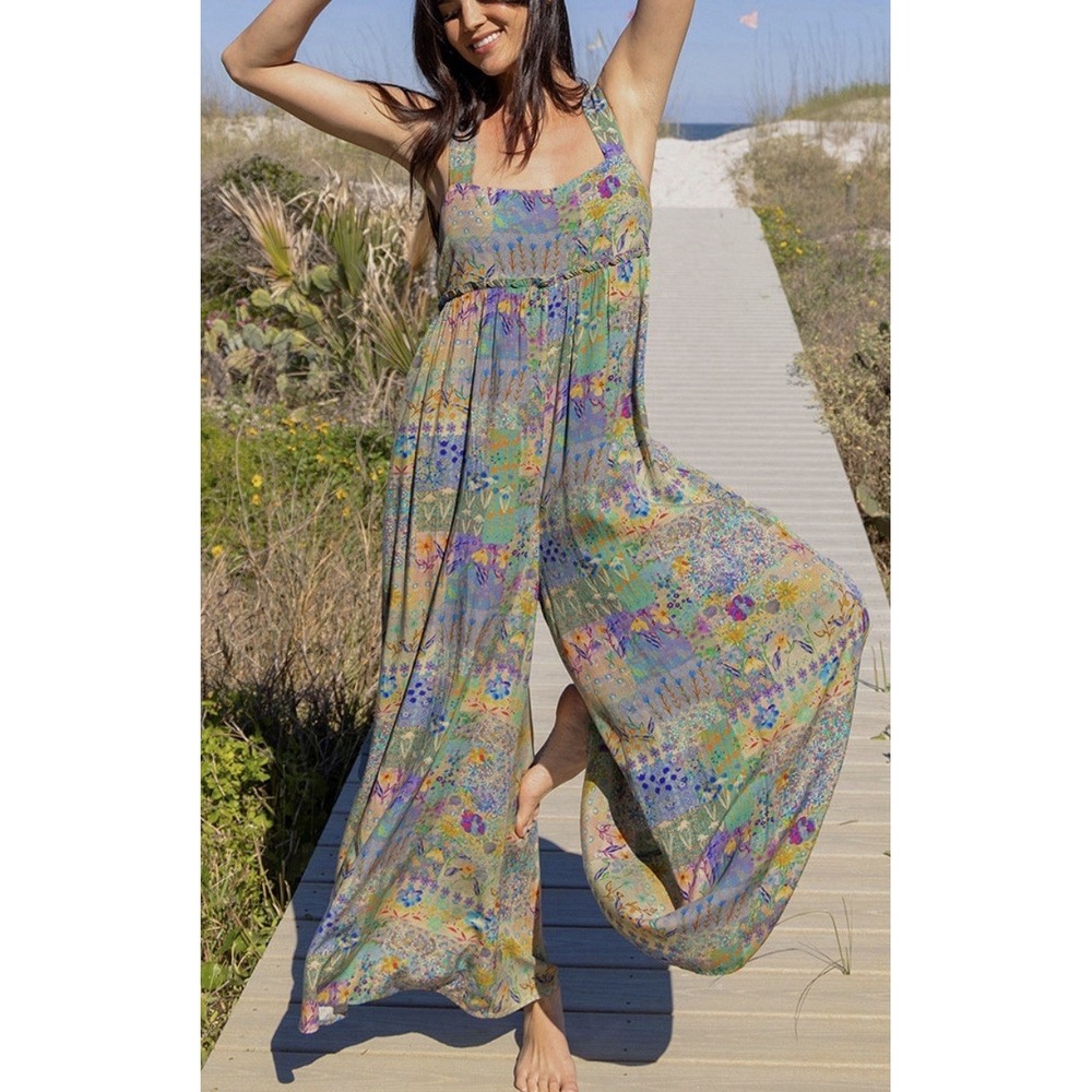 Natural Life M Floral Botanical Wide Leg Jumpsuit Smocked Boho Cottagecore